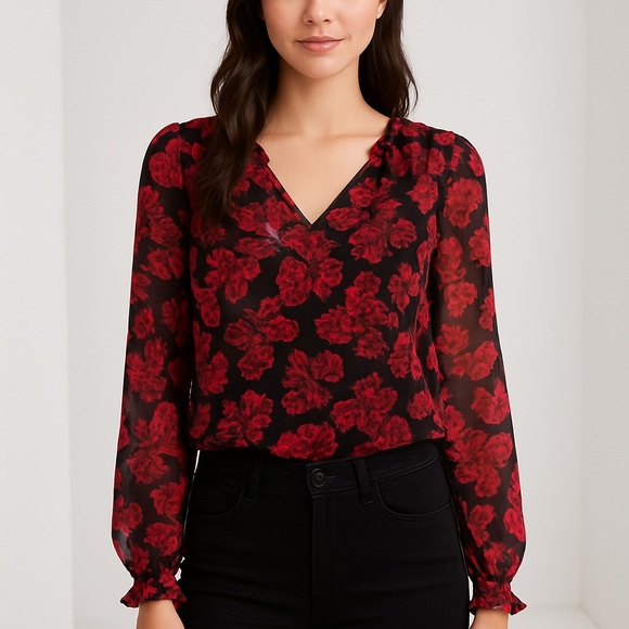 cupcakes & cashmere Tops - Cupcakes and Cashmere Red Floral Sheer Blouse – Size S